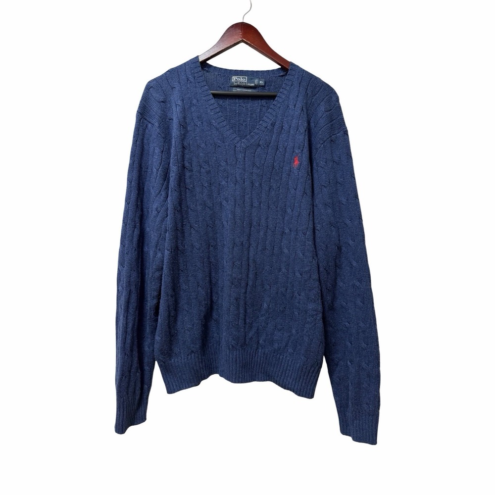 Polo Ralph Lauren Mens Tussah Silk Cable Knit V Neck Sweater Size XL Blue Preppy